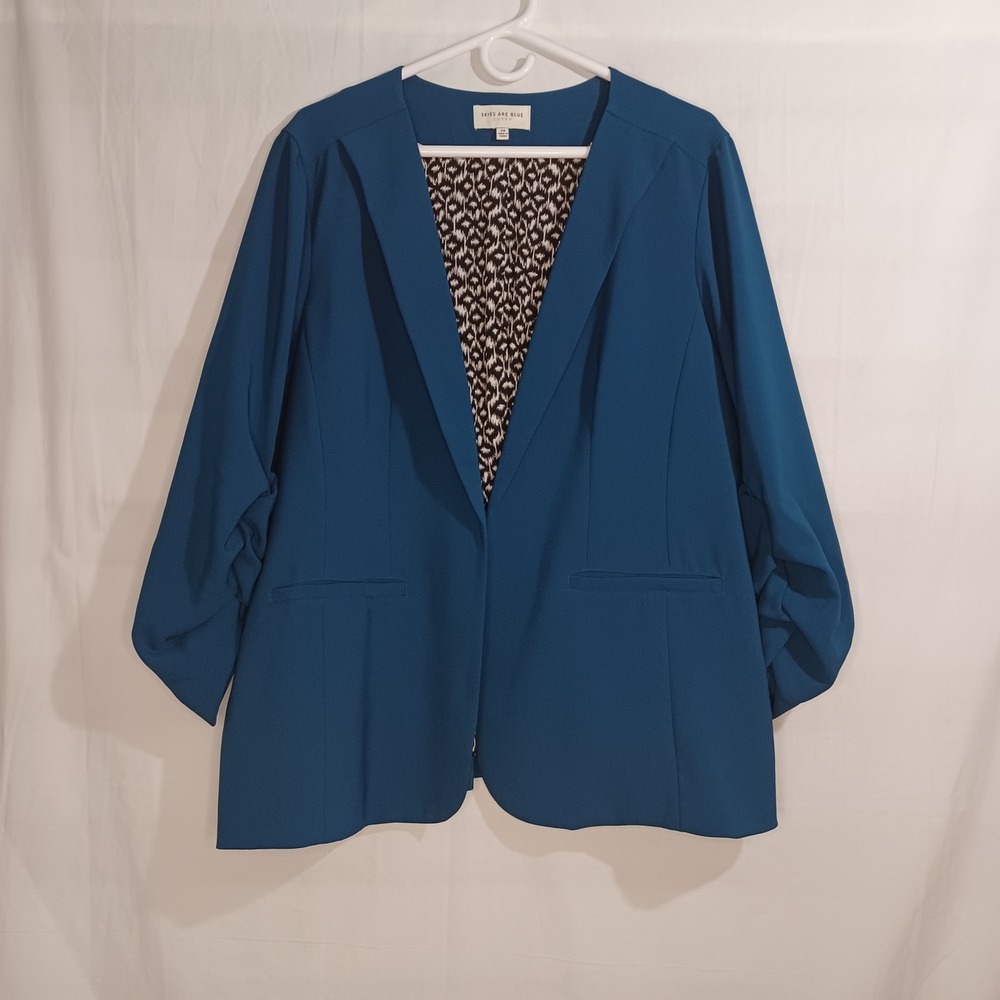 Women's Skies Are Blue Ruched Sleeves Open Front Blue Blazer Size 2X